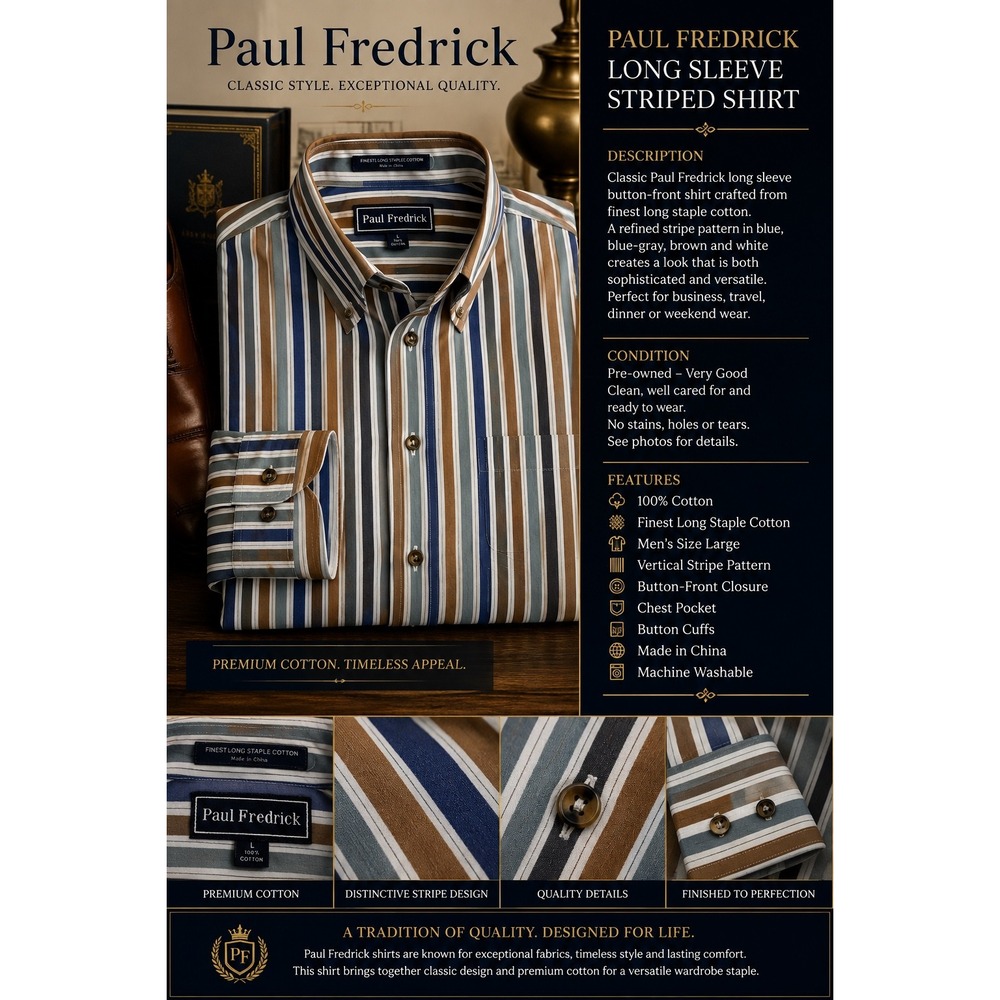 Paul Fredrick Mens Large Long Staple Cotton Striped Button Down Shirt Blue Brown